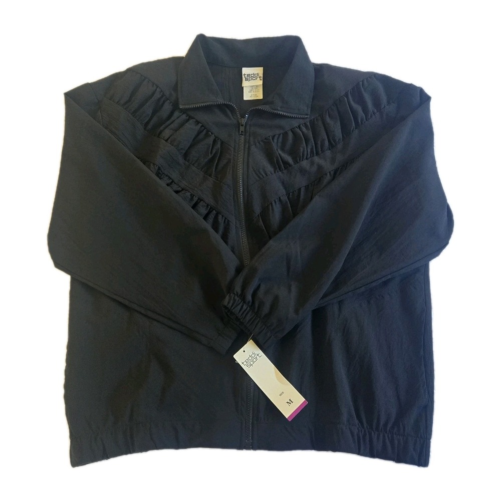 Vtg 80s Deadstock Teddi Sport Black Windbreaker Track Aerobics Jacket Womens M